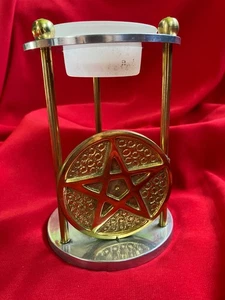 Wicca Pentacle Brass Alter Tile Resin Liquid Incense Burner 6" Tall 4" Round - Picture 1 of 10