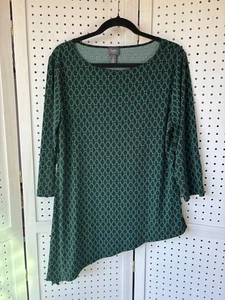 Travelers Chico's 3/4 SLV Green Black Asymmetrical Blouse Shirt Size 2 / US Lg - Picture 1 of 5
