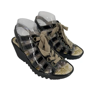 Fly London Wedge Sandal Womens Size 38 Black Yito Lace Up Slingback Platform Y2K - Picture 1 of 16