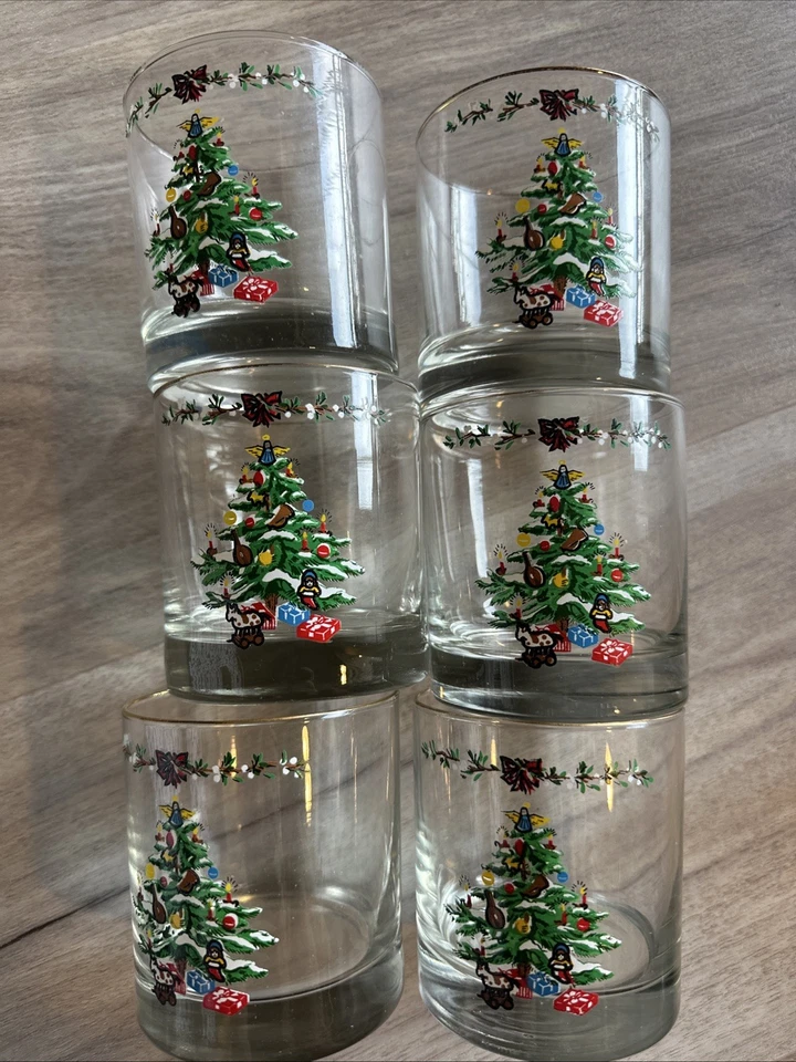 Juego De Colección De 6 Vasos De Bola Baja De Vacaciones Árbol De Navidad Y Regalos Con Borde Dorado Foto 1 de 4