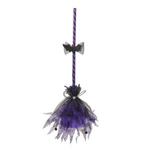 Northlight Purple and Black Striped Shaking Witches Broom with Bat Accents - Picture 1 of 5