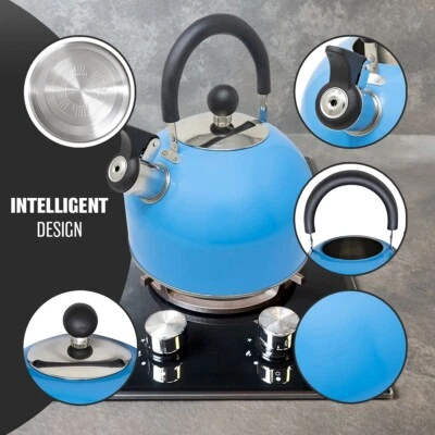 2.5L BLUE STAINLESS STEEL LIGHTWEIGHT WHISTLING KETTLE CORDLESS BOIL CAMPING TEA - Image 1 of 4