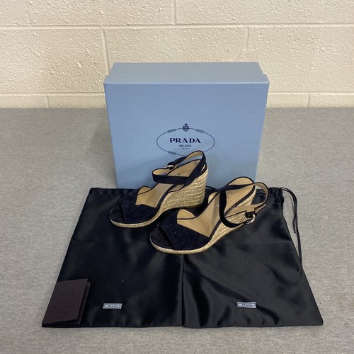 Prada Raffia 95 mm zeppa punta aperta blu navy (taglia 35 5)