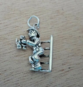Ciondolo gatto argento sterling 3D 23x15 mm pompiere su scala che tiene - Foto 1 di 3