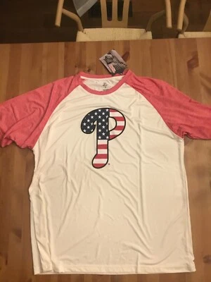 NUEVO CON ETIQUETAS Para hombres XL Puntadas Philadelphia Phillies Estrellas y Rayas Raglán Camiseta Bandera Foto 1 de 2