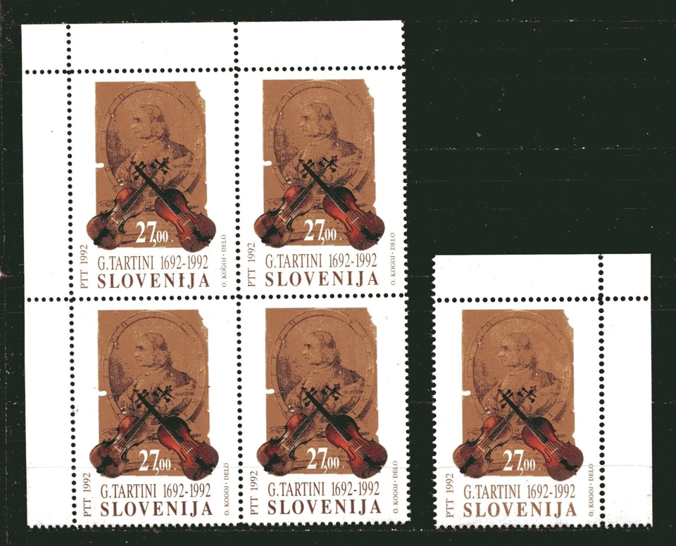 ESLOVENIA 1992, MÚSICA: G. TARTINI, VIOLINISTA Y COMPOSITOR, Scott 136 LOTE DE 5, MNH Foto 1 de 1