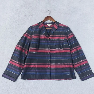 Talbots Top Womens 10 Black Silk Red Striped Metallic Button Front Blouse Retro - Image 1 of 4