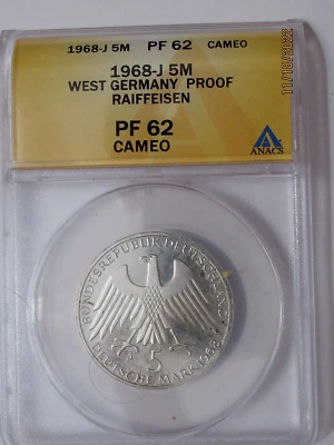 WEST GERMANY - PROOF - RAIFFEISEN, 5 Mark, 1968-J,  PF 62 CAMEO ANACS - Image 1 of 4