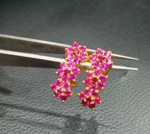 Simulated Round Cut Red Ruby Women's Hoop Earrings 14K Yellow Gold Silver Plated - Picture 1 of 13
