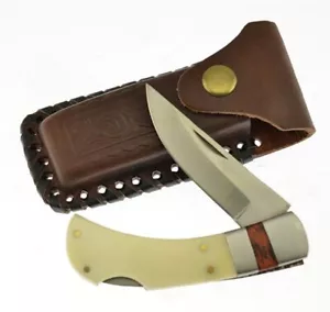 Beautiful Bone Handle Single Bolster Lock Back Folding Knife w/ Leather Sheath - Picture 1 of 4