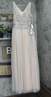 adrianna Papell Beaded Sleeveless V Neck Bodice Gown Dress Silver Gray / Nude 10 - Image 1 of 4