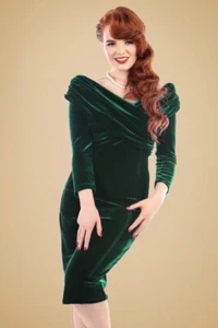 Pre-owned Sz16 Collectif Vintage 50s Hollywood Green Velvet Hollie Pencil Dress - Picture 1 of 3