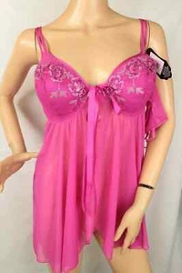 Maidenform Deep Pink Babydoll Embroidered Lace/ Sheer 34B& thong panties NEW - Picture 1 of 8