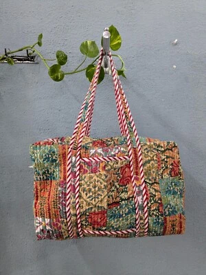 Block print patchwork women cotton duffle bag large capacity with zip and pocket - Image 1 of 4