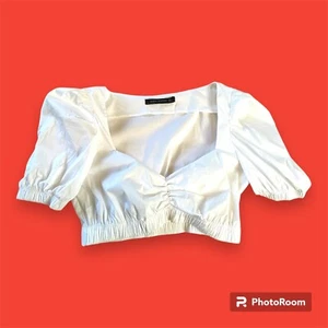Zara Women Size L Crop Top Puffy Short Sleeves White Sweetheart - Picture 1 of 7