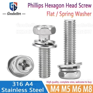 Phillips Hexagon Head Screw + Flat / Spring Washer A4 Stainless Steel M4 - M8 - Picture 1 of 50