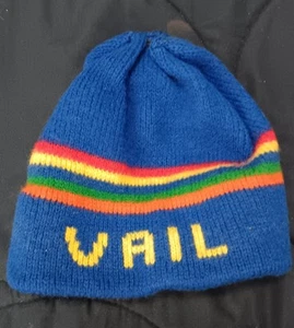 Vtg 80's Smiley Rainbow Striped Vail Retro Beanie Ski Hat 100% Wool USA - Picture 1 of 3
