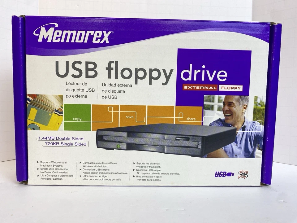 Внешний флоппи-дисковод Memorex USB 3,5 дюйма НОВЫЙ 1,44 МБ двусторонний ПК/MAC ЗАПЕЧАТАННЫЙ!!! - Изображение 1 из 4