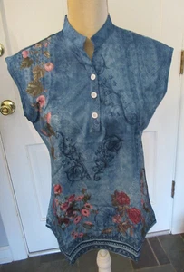 Top smanicato donna blu floreale boho vestibilità ampia taglia S - Foto 1 di 3