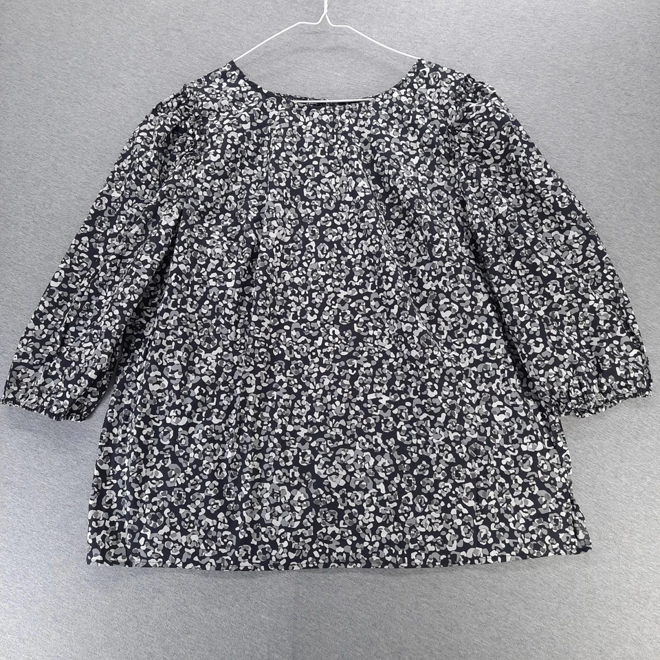 Talbots Plus Shirt Womens 1X Black Gray Animal Print Peasant Blouse 3/4 Sleeve - Image 1 of 4