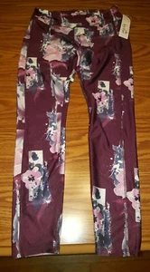 NWT KYODAN Woman's Merlot Leggings Splashed Flower Athletic Yoga Running Pants L - Picture 1 of 3