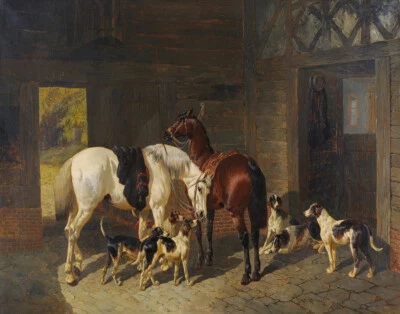 John Frederick Herring Jr Cazadores y Foxhounds en una impresión en lienzo estable Foto 1 de 4