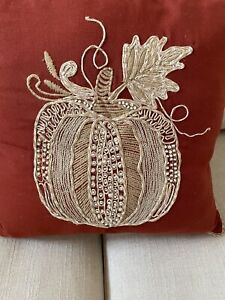 🌼 Pier 1 Throw Pillow 16 x 16 Embroidery Floral Pumpkin Burlap Autumn Zipper