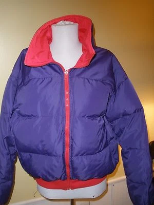 Vtg 80s COLUMBIA DOWN PUFFER COAT Retro Ski Puffy Jacket REVERSIBLE WOMENS SZ L - Image 1 of 4