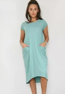 New Italian Lagenlook Quirky Boho Jersey Soft Plain Cotton Stretch Pocket Dress - Picture 1 of 54