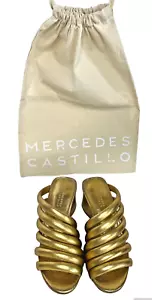 Mercedes Castillo Gold Metallic 5 Izzie Luxury Mules Sandals Lamb Leather Heels - Picture 1 of 22