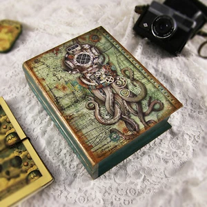 Wooden Handmade Keepsake Box Jewelry Book Vintage Steampunk Octopus Storage - Picture 1 of 9
