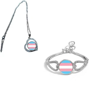Set Of 2 Transgender Pride LGBT Silver Colour Diamante Bracelet + Necklace + Bag - Foto 1 di 6