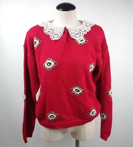 Vintage Women's Knit Sweater Preppy Lace Peter Pan Collar Red Geometric Geek Med - Picture 1 of 7