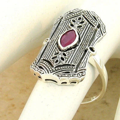 GENUINE RUBY 925 STERLING SILVER ANTIQUE STYLE SOLITAIRE FILIGREE RING     1077X - Image 1 of 3