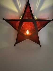 Moroccan Boho Celestial Star Stained Glass Hanging Candle Tea Light Holder Red - Picture 1 of 10