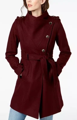 GUESS Asymmetrical Belted Wrap Coat Womens XL Maroon Wool Blend - Image 1 of 4