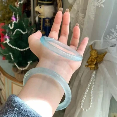 Certified natural quartzite jade ice-clear Blue Bracelet Round bar fashion gift - Image 1 of 4