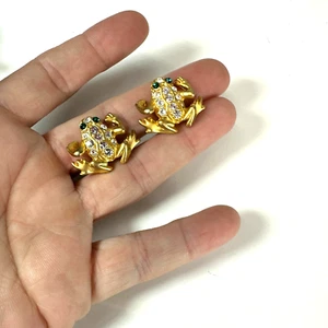Vintage Earrings Clip On Frog Rhinestone Goldtone Matte Finish - Picture 1 of 4