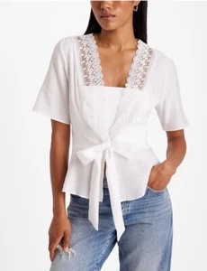 EXPRESS V Neck Lace Trim Tie Front Peplum Top Blouse Shirt White Women Sz XS NWT - Picture 1 of 10