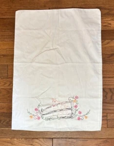 Vintage Embroidered Pillowcase Horse Farmhouse Bench & Floral Design - Picture 1 of 3
