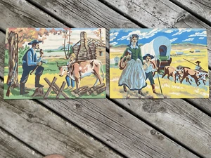 Vintage Lot (2) Unframed Paint By Numbers Pictures Pioneer Scenes-9" x 14" - Picture 1 of 8