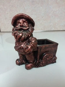 Antique Copper Colored Cement Gnome with Wheel Barrel 5 1/4" tall - Picture 1 of 11