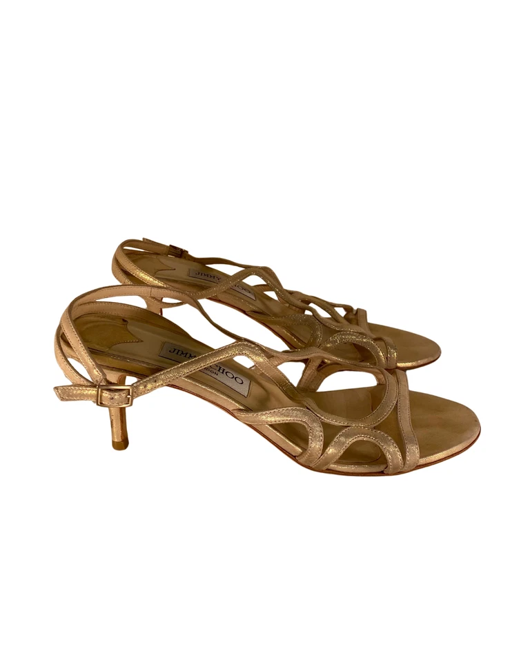Mujer Lujo Moda Jimmy Choo Brillante Bronceado Tirantes Gatito Tacones Talla 8 Foto 1 de 2