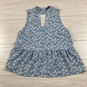 Francescas Blue Rain Size Small Top Bue Floral Crepe Peplum Sleeveless Keyhole - Picture 1 of 9