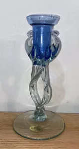 🦋Echt Handarbeit Handmade Clear Green/Blue Blown Glass Vase Candle Holder - Picture 1 of 7