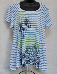 Faded Glory Womens Shirt Top Blouse Size 1X 16W Green White Blue Floral Striped - Picture 1 of 12