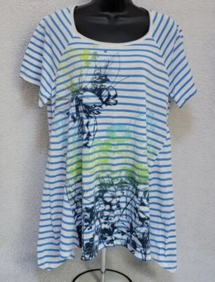 Camisa Blusa Top Mujer Faded Glory Talla 1X 16W Verde Blanco Azul Floral Rayas Foto 1 de 4