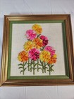 VTG MCM Crewel Embroidery Vibrant Flowers Gold Orange Fushia 15 x 15