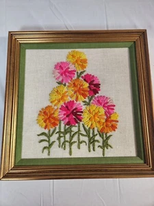 VTG MCM Crewel Embroidery Vibrant Flowers Gold Orange Fushia 15 x 15 - Picture 1 of 3
