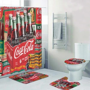 Top! Coca-Cola Retro Classic Print Shower Curtain Bath Mat Toilet Lid Cover Mat - Picture 1 of 9